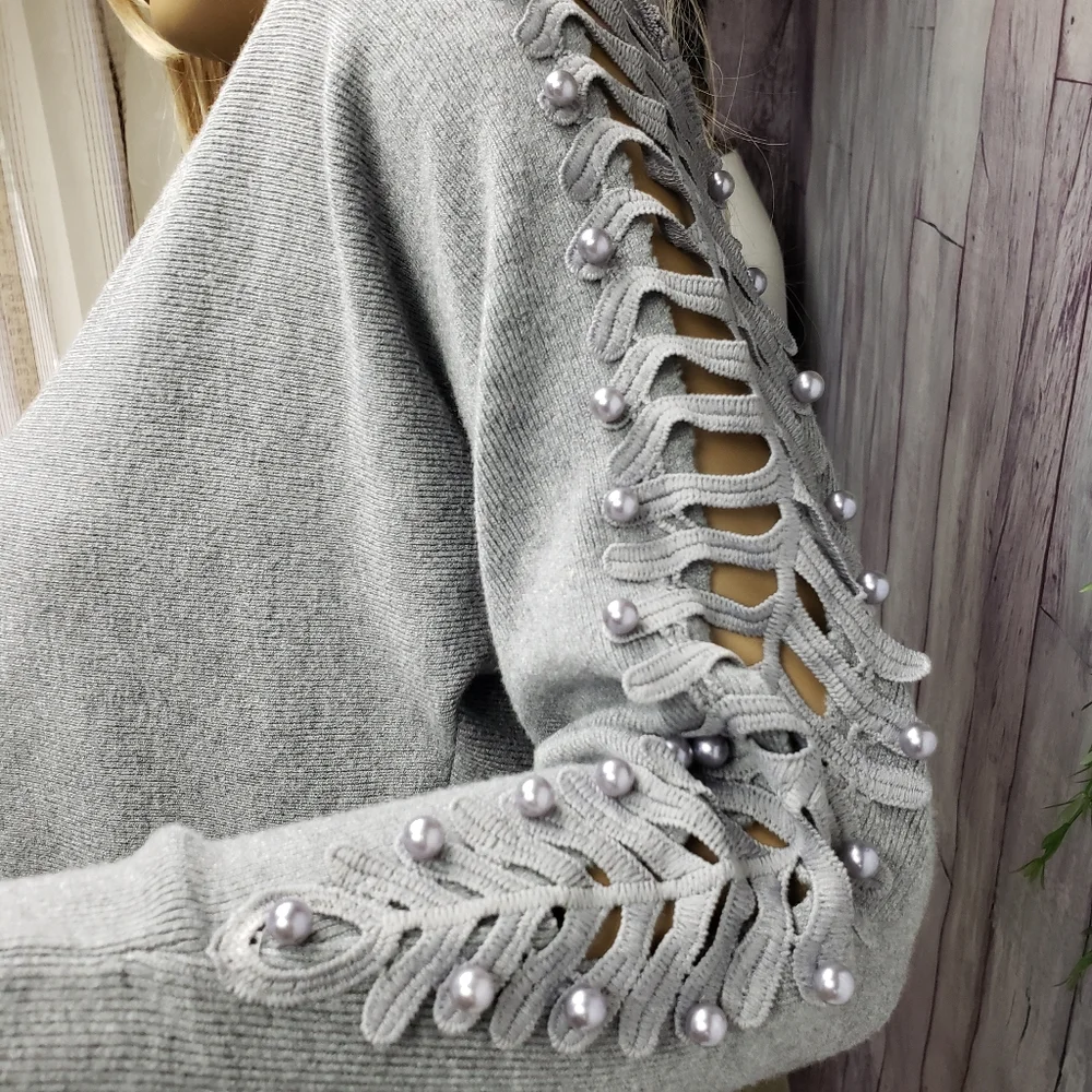 Anthro Ember Gray Sweater with Embroidered Cut Outs & Pearls Sleeve - Picture 5 of 12